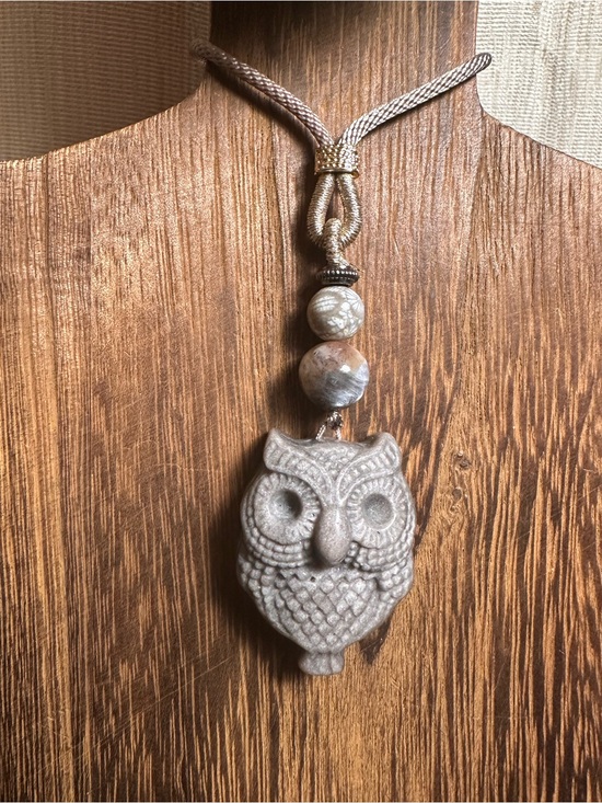 Jewelry - Alashan Agate Owl Pendant Necklace with Sunstone and Coral Fossil on Rope